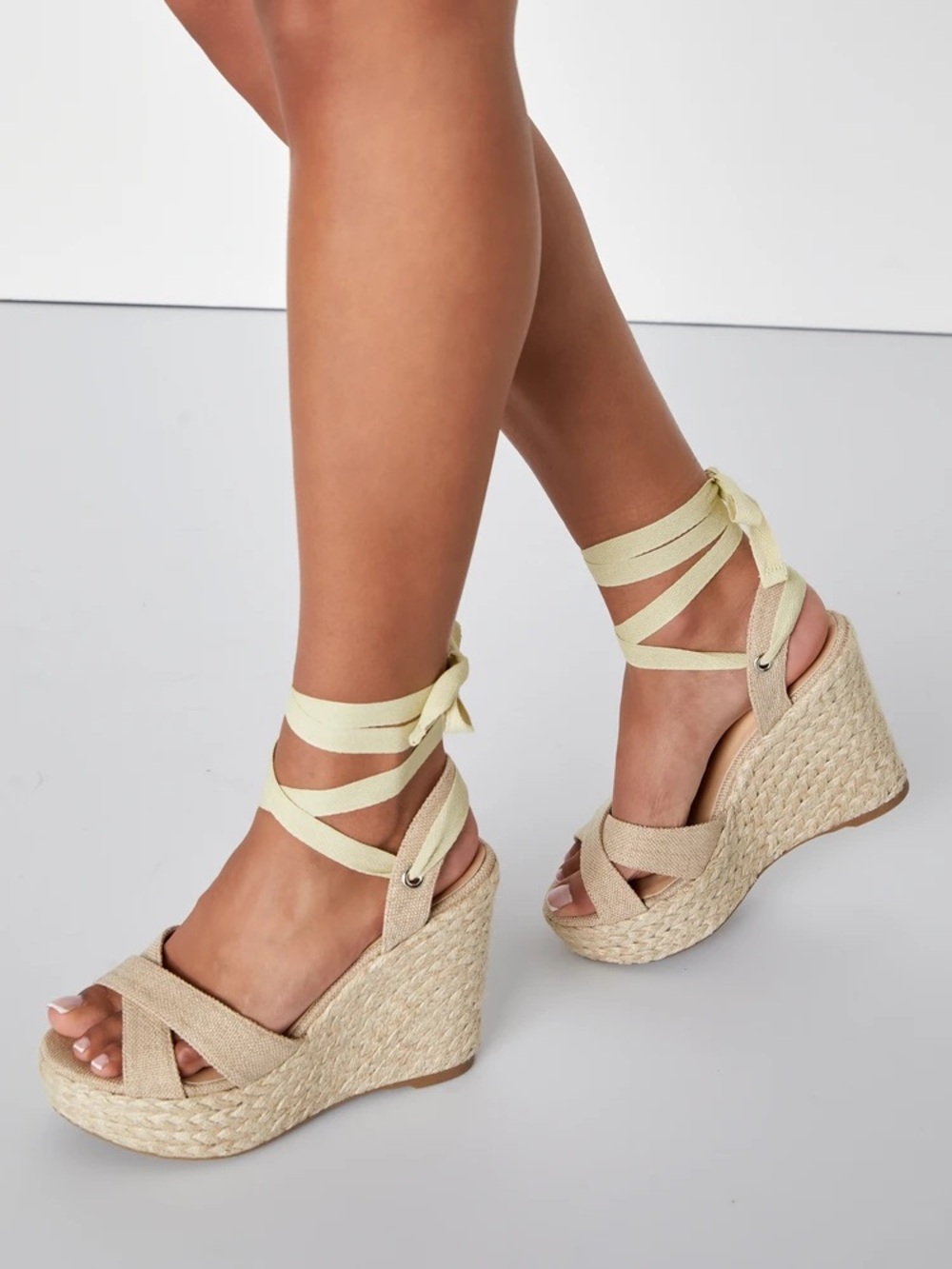 Lulus Esme Espadrille Wedge Sandals Natural Linen Strappy Ankle Tie 8.5